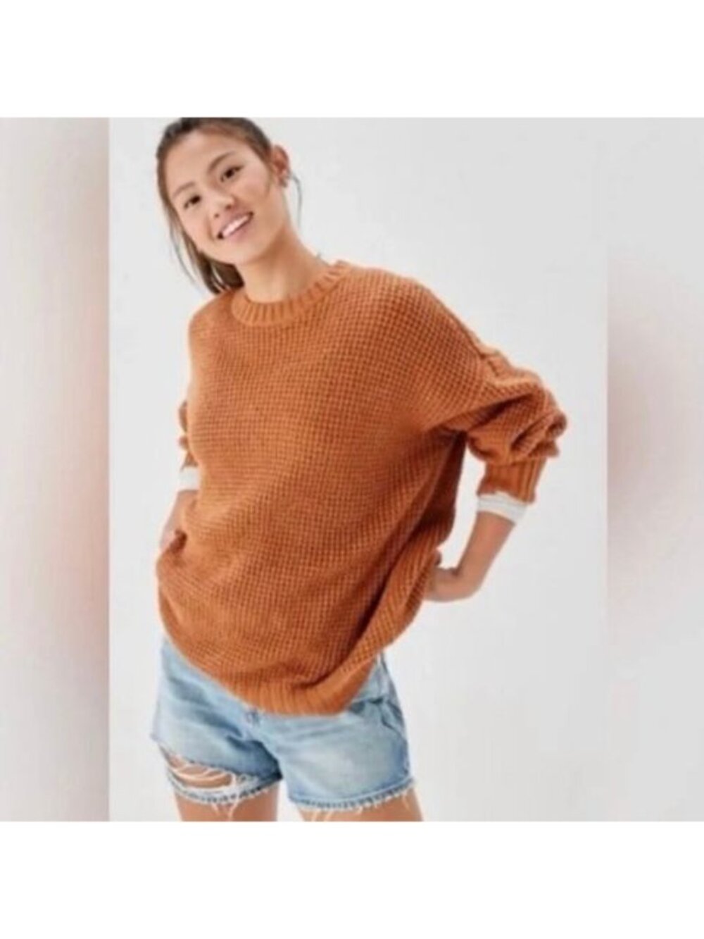 American Eagle Waffle Knit Crewneck Sweater Rust Orange Oversized Women’s M
